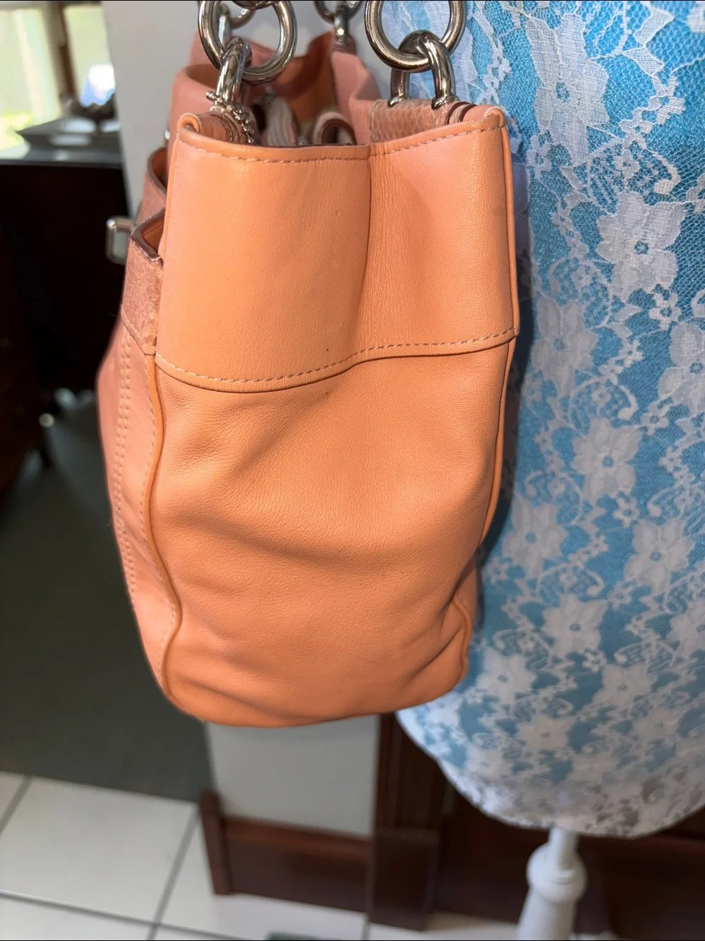 Coach Penelope Shoulder Bag Peach leather/snake skin trim Silvertone F16531 EUC